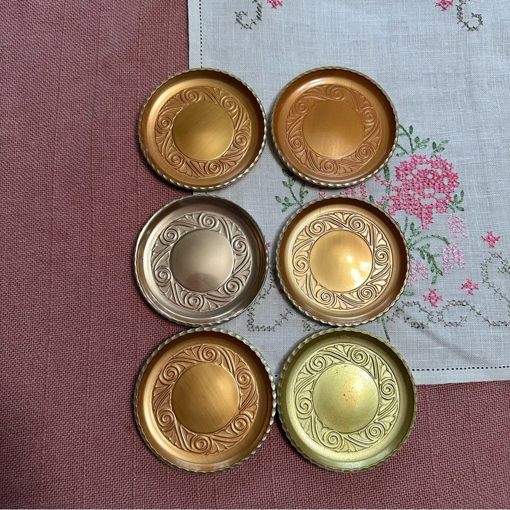 Set Of 6 Mid Century Modern Kraftware Coppertone Aluminum Coasters
